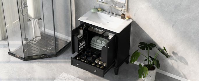 30" Bathroom Vanity with Sink Combo, Multi-functional Bathroom Cabinet with Doors and Drawer, Solid Wood and MDF Board, Black