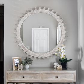 Vintage 34'' x 34'' Wood Round Hanging Gear Shape Heavy Decorative Mirror For Bathroom Living Room Entryway Or Put Together To Your Liking.(Antiq