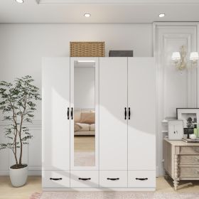 Armoire Wardrobe Closet 4 Door: 4 Drawers Wooden Cabinet Closet Wardrobe with Mirror and Hanging Rod High Storage Capacity for White Closet Cabinet 63