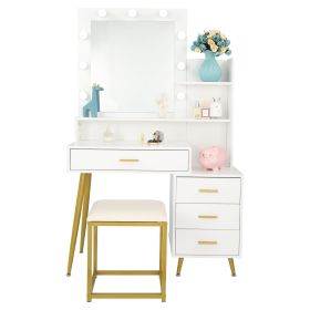 FCH Large Vanity Set with 9 LED Bulbs, Makeup Table with Cushioned Stool, 3 Storage Shelves 4 Drawers, Dressing Table Dresser Desk for Women, Gir