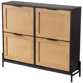VEVOR Rattan Shoe Cabinet, Narrow Shoe Storage Organizer with 4 Flip Drawers, Slim Shoe Entryway Storage Cabinet with Metal Legs, Ideal for Entryway