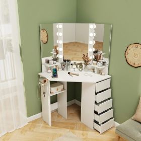 Corner Vanity Desk with 3-Color LED Lighted Mirror and Power Outlet
