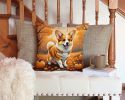 Corgi Fall Throw Pillow Machine Washable, Indoor Outdoor Decorative Pillow for Couch, Bed or Patio, 14Hx14W