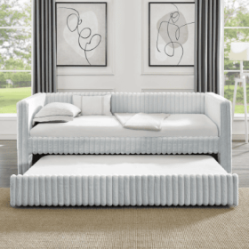 Twin Size Daybed, Upholstered Sofa Bed,The Bottom Pulls Out To Form A Bed ,Striped Corduroy Fabric- Beige 86x43.5x34 (Color: light grey)