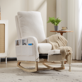 Modern Accent Rocking Chair  with Solid Wood Legs, Upholstered Nursery Glider Rocker, Comfy Armchair with Side Pocket (Color: White)