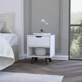 Carthage Nightstand with 1-Drawer, 1-Open Storage Shelf and Wooden Legs, White (Color: White)