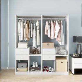 Wooden Closet System with 4 Drawers Storage Cabinet 2 Hanging Rails and Shelves Clothes Built-in Garment Rack Walk-in Closet Organizer for Bedroo (Item: YG-302+302)