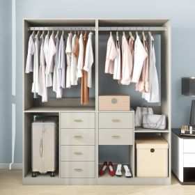 Wooden Closet System with 4 Drawers Storage Cabinet 2 Hanging Rails and Shelves Clothes Built-in Garment Rack Walk-in Closet Organizer for Bedroo (Item: 303+305)