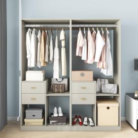 Wooden Closet System with 4 Drawers Storage Cabinet 2 Hanging Rails and Shelves Clothes Built-in Garment Rack Walk-in Closet Organizer for Bedroo (Item: 303+303)