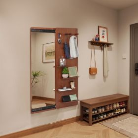 Wall Mounted Full Length Mirror, Full Body Mirror with Shelf, Full Body Mirror with Hook Wall Mounted Mirror with Multifunctional Design Panel (Color: walnut)